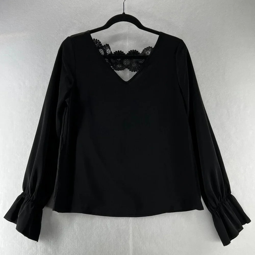 SHEIN Blouse Womens Size Small V-Neck Lace Trim Deep U Back Bell Sleeve Black